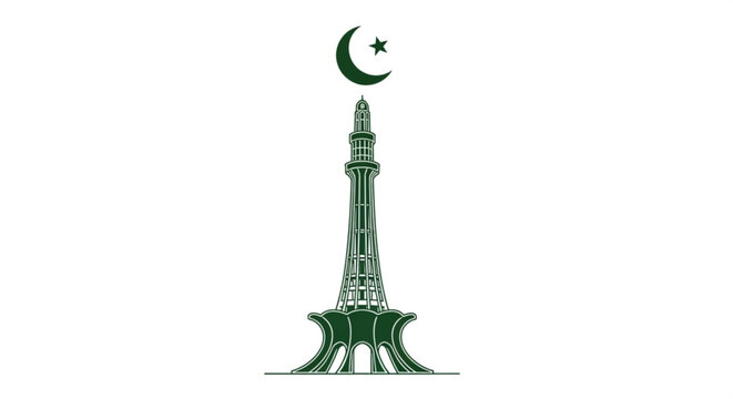 Minar e pakistan monument with crescent moon and star symbol on white background green color scheme national pride cultural icon pakistan independence day