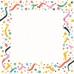 Festive confetti and streamers frame a blank white space