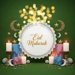 Sophisticated Eid Al-Fitr display with a central circular frame, glowing bokeh circles, and symmetrical arrangements of festive gifts.