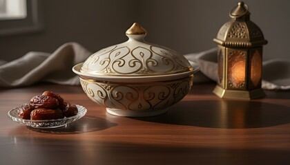 An elegant covered dish bowl presented alongside dates and a lit lantern, symbolizing the peaceful Ramadan Iftar concept and traditional generosity