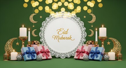 ​A festive Eid Mubarak greeting featuring gold crescent moons, glowing candles, and colorful gift boxes against a green background.