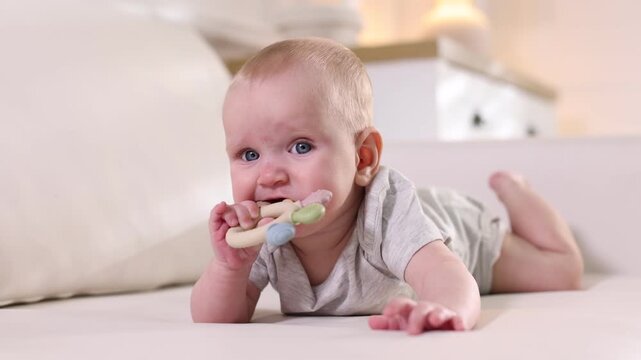 Cute little baby with teether on sofa at home