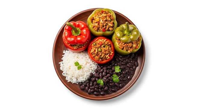 Four colorful bell peppers are stuffed with savory meat and served with rice and beans. Brazilian food called prato feito