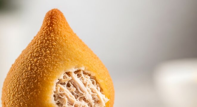 A golden coxinha with shredded chicken filling on light background. Brazilian food