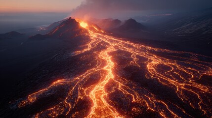 Fototapeta premium A breathtaking view of a volcano erupting lava flowing into the ocean at sunset. The lava is a vivid orange and red, contrasting with the deep blue and purple hues of the sky.
