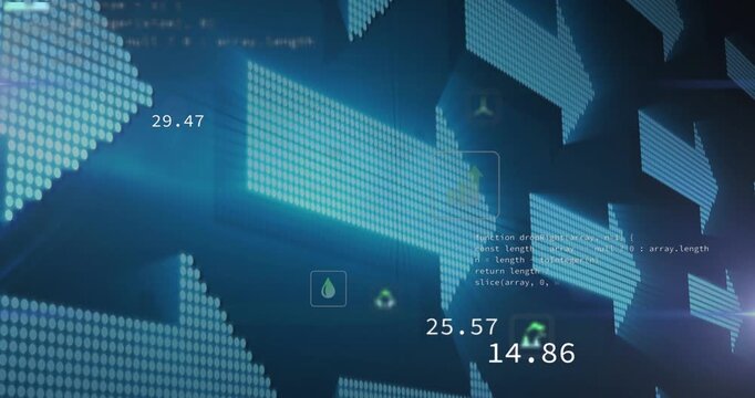 Dot-matrix arrow animating on data update, pulsing green icons moving rightward, showing CO? data