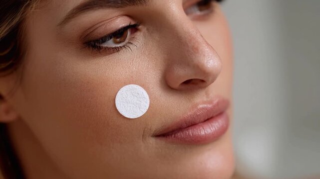 Young woman applying hydrocolloid acne patch sticker on a blemish