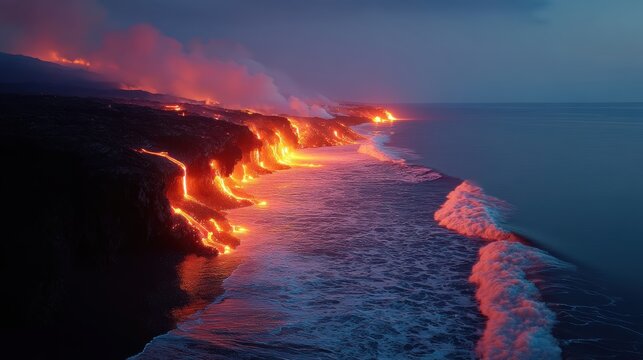 A breathtaking view of lava flowing into the ocean at night, illuminated by the bright orange and red hues of the lava and the deep blue of the ocean. The sky is a deep blue.