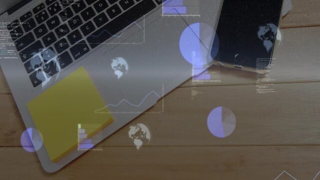 On data sync laptop-notes-phone cluster showing translucent charts fading shifting visualizing data