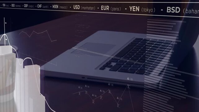 Currency ticker updating, 3D bars and line graph animating over laptop, showing market shifts