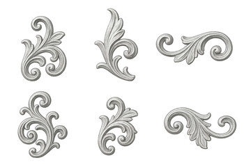Fototapeta premium Six elegant silver ornamental flourishes and scrollwork motifs arranged on a transparent background, decorative vintage-style acanthus and swirl elements for design and embellishment
