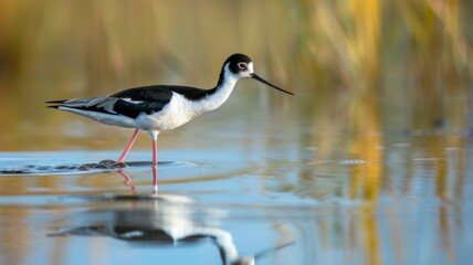 Obraz premium Side view of a Black-necked Stilt with distinctive markings and bright pink legs wading in shallow water, showing a clear reflection against a softly blurred, warm-toned landscape.