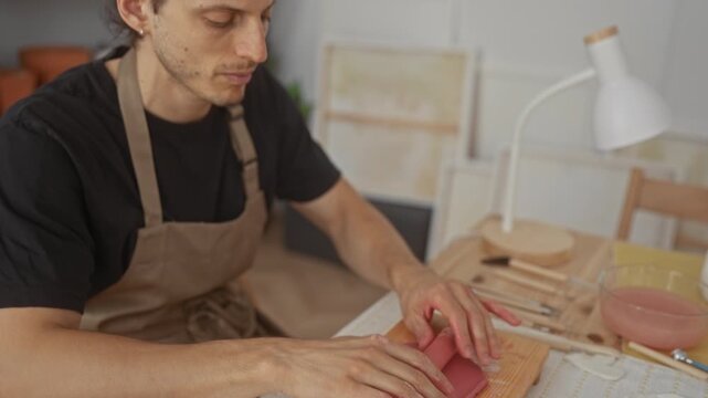 Man rolling pink clay with hands and wooden roller on a workboard in artist studio surrounded by brushes and bowls; concentration.