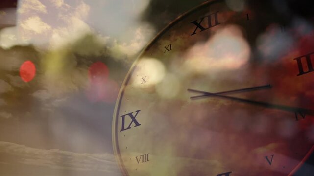Analog clock hands sweeping clockwise on play, bokeh shifting, showing time progression