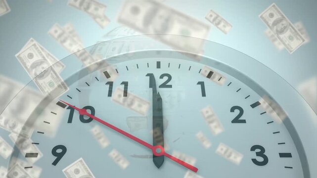 Starting near nine, red second hand moving to 12, dollars falling over globe, marking market close