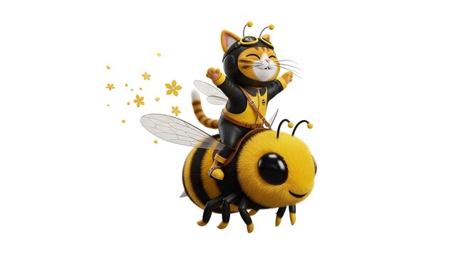 Cat Pilot Riding a Giant Bee Illustration