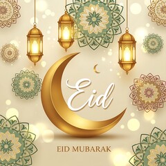 Decorative Islamic holiday illustration featuring a crescent moon, hanging gold lanterns, and intricate mandala ornaments for Eid celebrations.