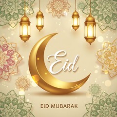 Golden Eid celebratory graphic showcasing a crescent moon, hanging lamps, and floral mandalas over a shimmering light background.