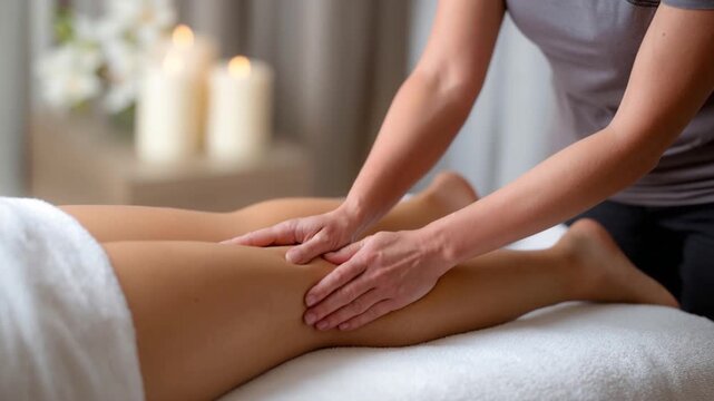 Prenatal lymphatic drainage massage on pregnant woman legs in spa