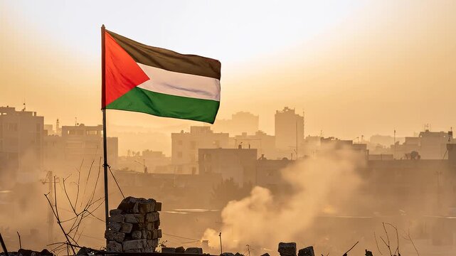 A Palestinian flag waves prominently against a hazy, sunlit sky with a cityscape and smoke rising in the background, conveying a sense of national identity and resilience