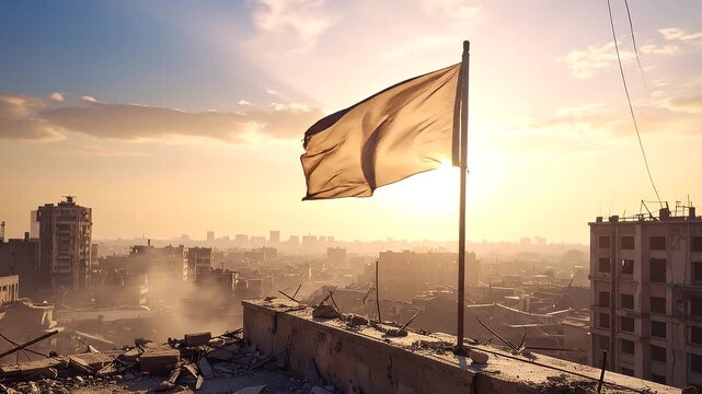 A tattered white flag flutters on a rooftop overlooking a war-torn city at sunset, emphasizing a sense of surrender amidst destruction and hazy, warm light