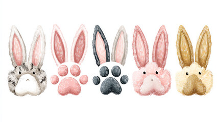 Fototapeta premium Isolated on a white background are an adorable set of rabbit ears, muzzles, and paws. decorations for a celebration banner, greeting or invitation card, photo session, or Easter party. Flat vector ill