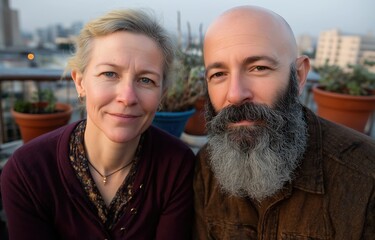 Fototapeta premium Couple in a Balcony filled with plants in city.