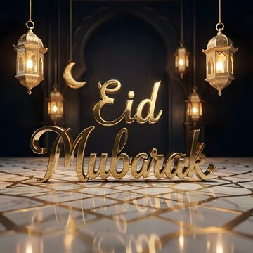 Eid Mubarak reeting with glossy balloon letters, wrapped gifts, floating stars, crescent moon and soft clouds conveying joy, celebration, family, festive spirit and peaceful holiday vibes.
