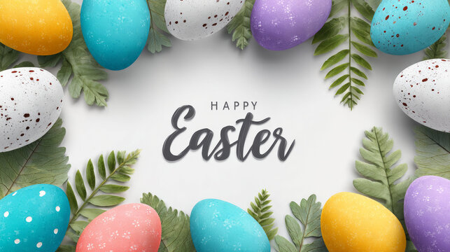 Easter eggs with a happy Easter banner. Easter greeting card. view from above.