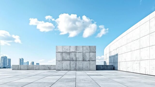 Large modular concrete wall structure and tiled floor on an urban rooftop under a bright blue sky with city skyline