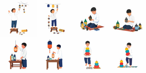 Fototapeta premium Young boy preparing and decorating with colorful traditional lanterns and star garlands for a festive celebration like Eid or Ramadan, illustrating cultural joy and preparation.