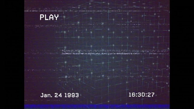 PLAY appearing lattice tilting into frontal during tape playback points blinking scanline obscuring