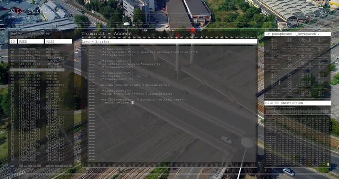 UI fading in over aerial bridge, central terminal filling code, cursor descending, decrypting files
