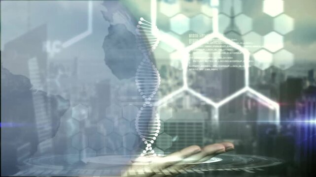 Human palm appearing and activating HUD, DNA helix rising and glowing visualizing genetic data