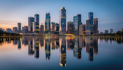 Fototapeta premium Modern city skyline at dusk with skyscrapers reflecting in calm lake water