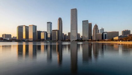 Fototapeta premium Modern city skyline with skyscrapers reflecting in calm water at sunrise