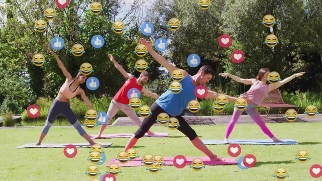 Coach leading four on mats moving into front reach while reactions appearing over group for fitness