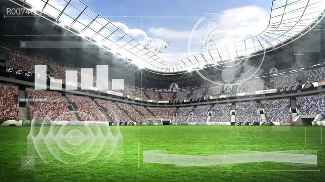 Playback starting, stadium pitch showing HUD overlay, bar chart pulsing, rings rising for broadcast