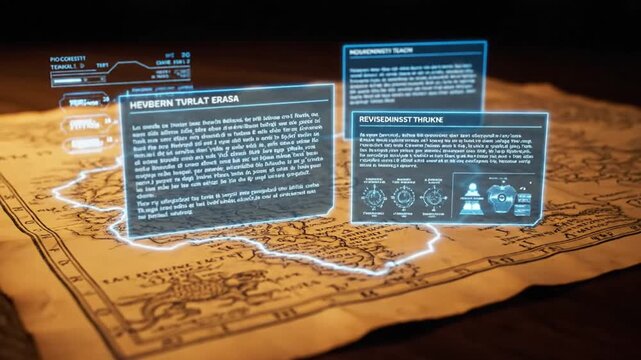 Old Map with Futuristic Holographic Interface and Data Overlays