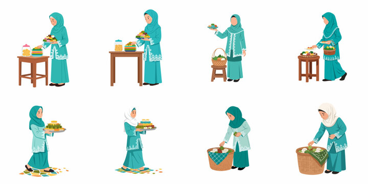 Muslim Women Preparing and Serving Traditional Festive Snacks: A Collection of Illustrations for Eid al-Fitr.