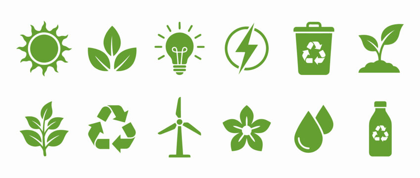 Eco friendly icons for sustainable living and green technology solutions