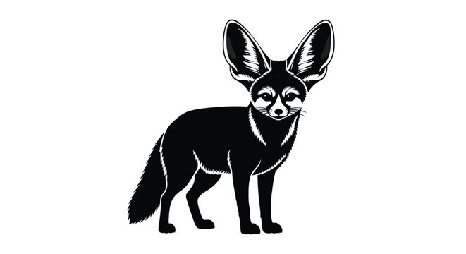 Striking black and white vector graphic illustration of a fennec fox standing alertly showcasing its oversized ears and detailed silhouette design