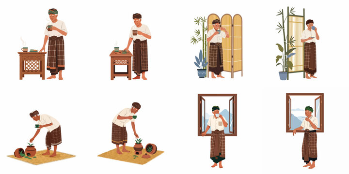 An elderly Indonesian man's serene daily ritual, featuring traditional herbal drink preparation, quiet contemplation, and natural living in various home settings.