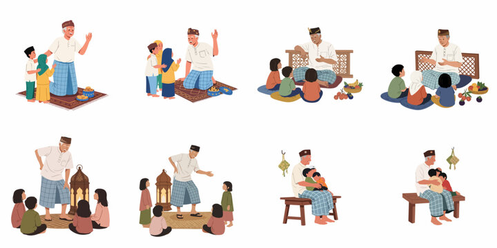 Illustrations of an elderly Indonesian or Malay man celebrating Eid with children, sharing stories, food, and traditional customs.