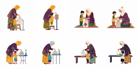 Fototapeta premium Muslim women and children giving zakat and sadaqah, teaching charity and generosity across generations and fostering philanthropic values.