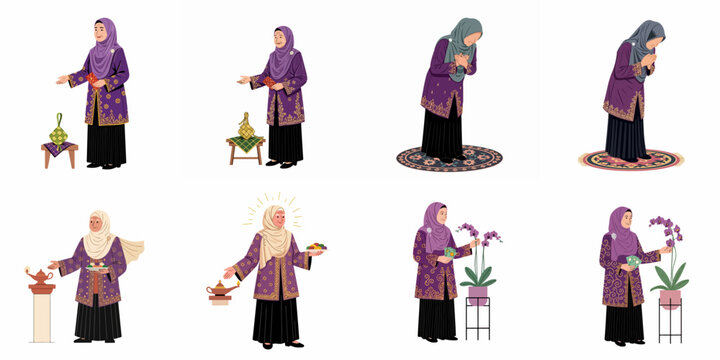 Muslim women celebrating Eid and observing cultural traditions, offering festive treats, duit raya, and showing reverence, isolated vector illustrations.