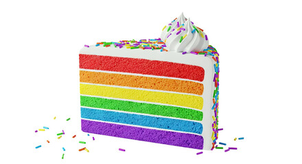 Slice of Rainbow Layer Cake with White Frosting and Sprinkles