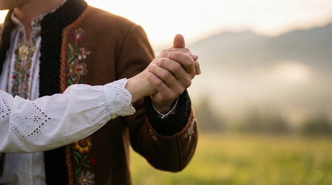 A Podhale highlander couple dances in a green meadow. The Tatras near Zakopane look calm in soft light.