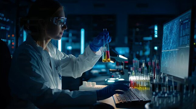 Scientist conducting experiment in laboratory with various equipment and computer screens displaying data at night