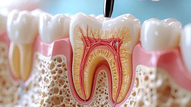 Medical illustration of a tooth cross-section showing internal structures